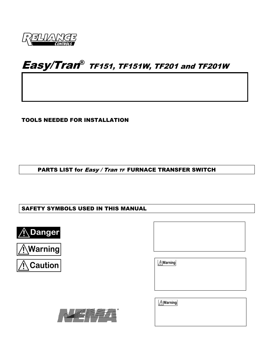 Reliance Controls Easy/Tran - TF201W User Manual | 6 pages