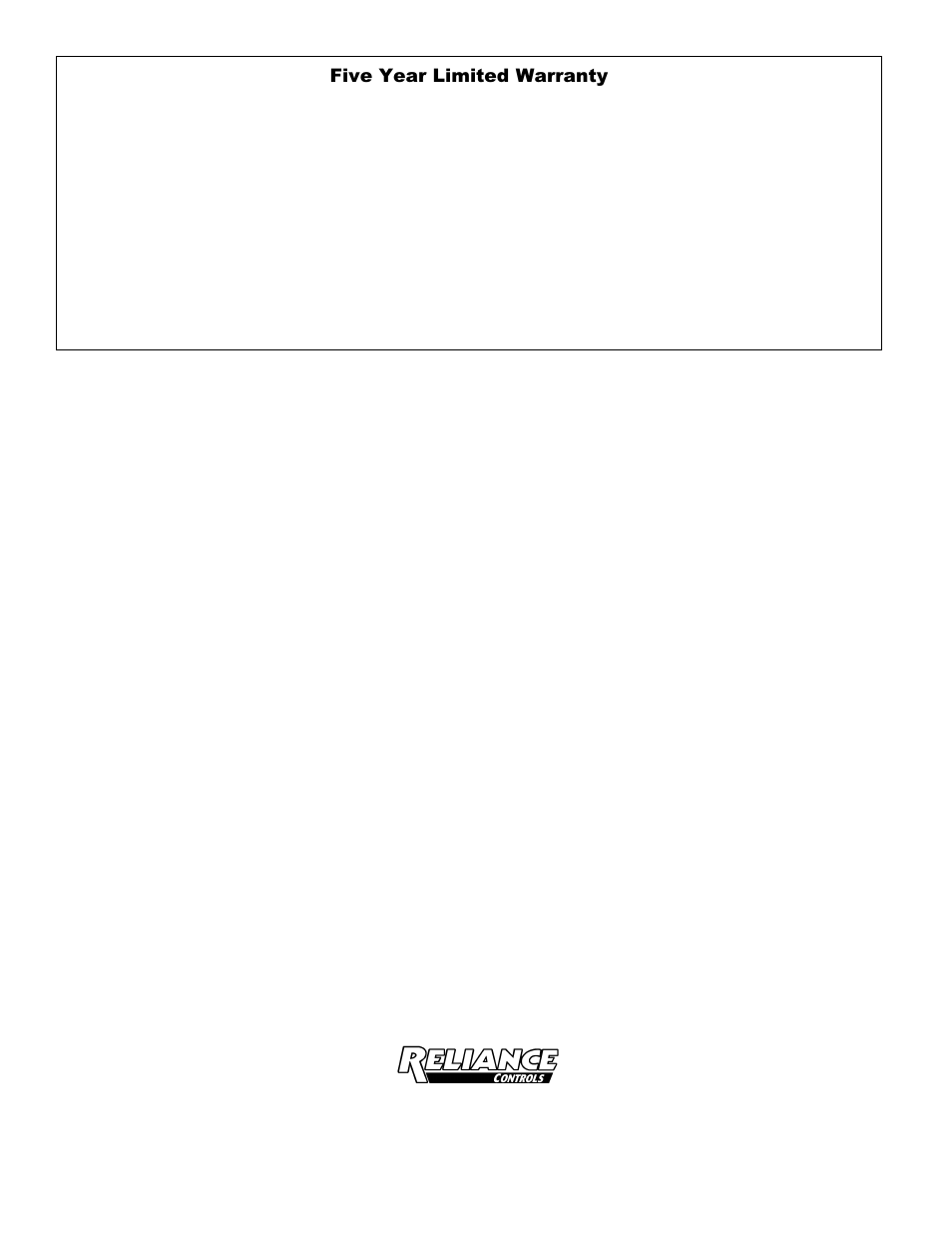 Five year limited warranty | Reliance Controls Easy/Tran - TF201W User Manual | Page 6 / 6