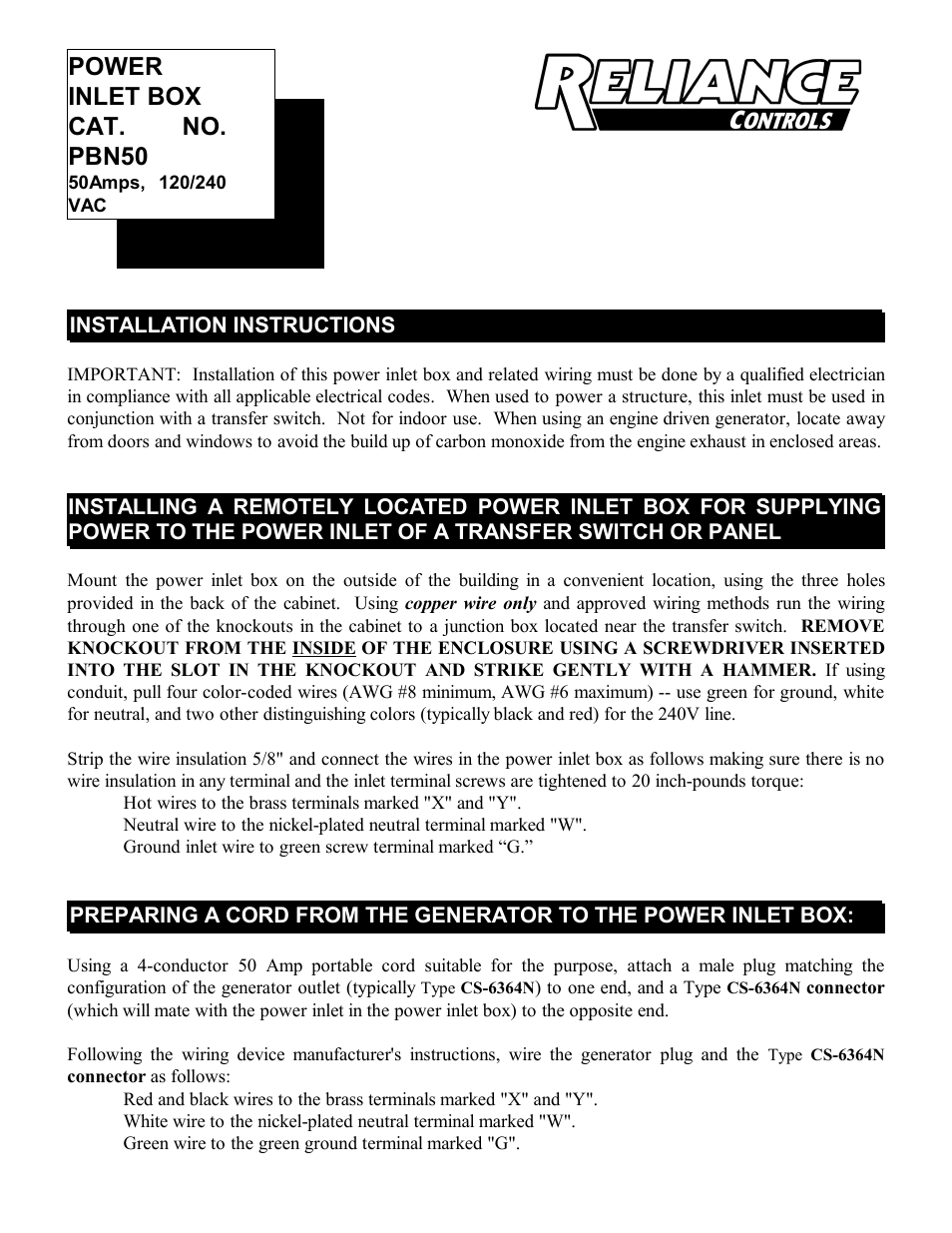 Reliance Controls PB50 User Manual | 3 pages