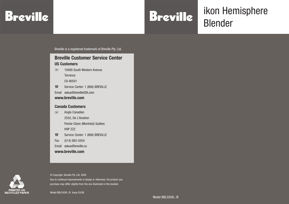 Breville IKON HEMISPHERE BBL550XL /B User Manual | 34 pages