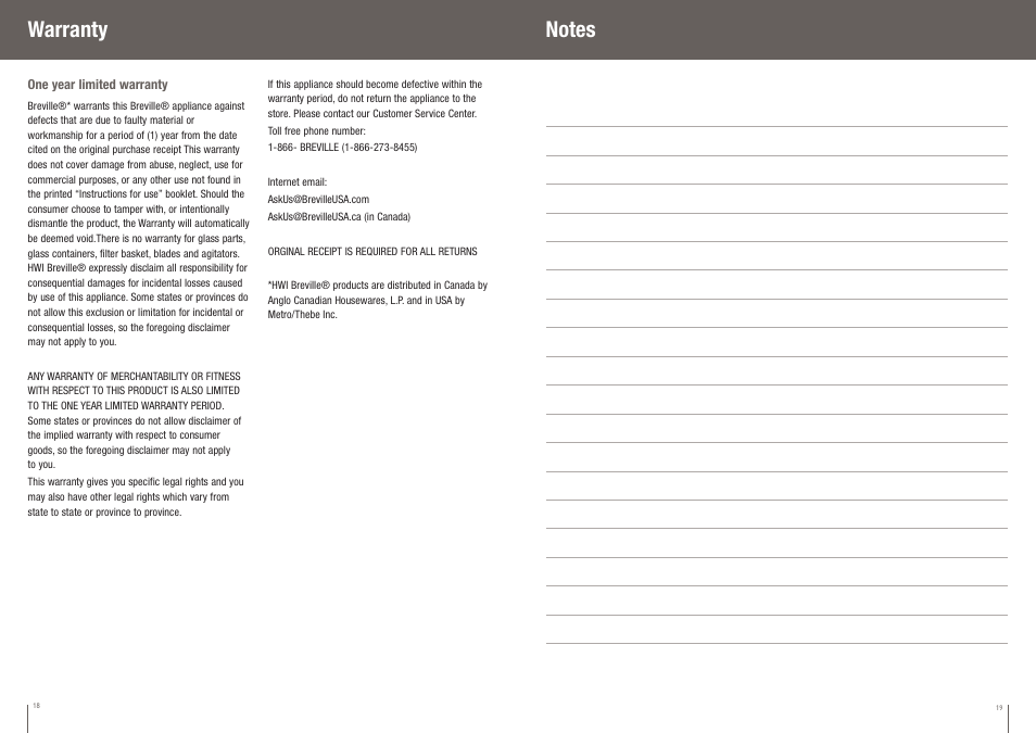 Warranty | Breville IKON HEMISPHERE BBL550XL /B User Manual | Page 10 / 34