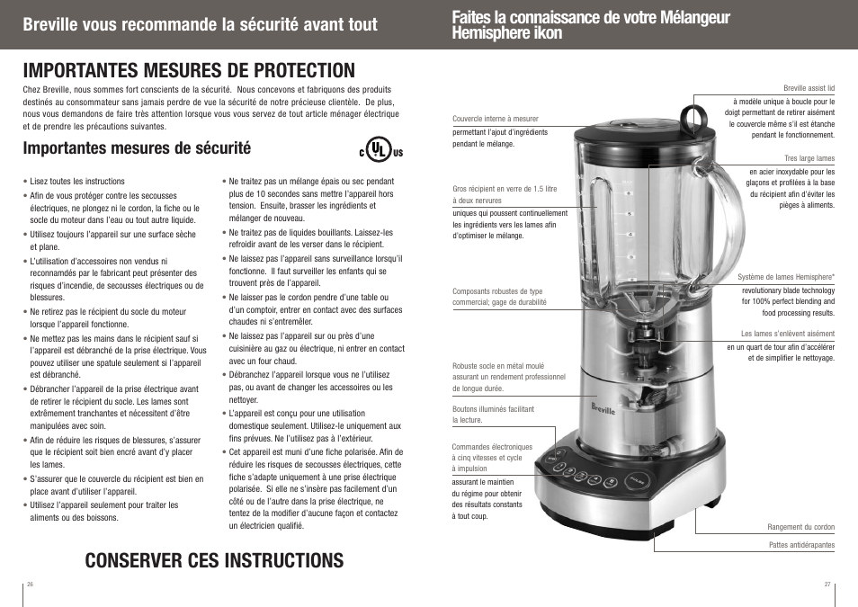 Conserver ces instructions, Importantes mesures de protection, Breville vous recommande la sécurité avant tout | Importantes mesures de sécurité | Breville IKON HEMISPHERE BBL550XL /B User Manual | Page 14 / 34