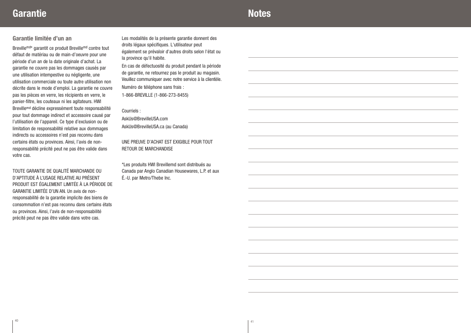 Garantie | Breville IKON HEMISPHERE BBL550XL /B User Manual | Page 21 / 34