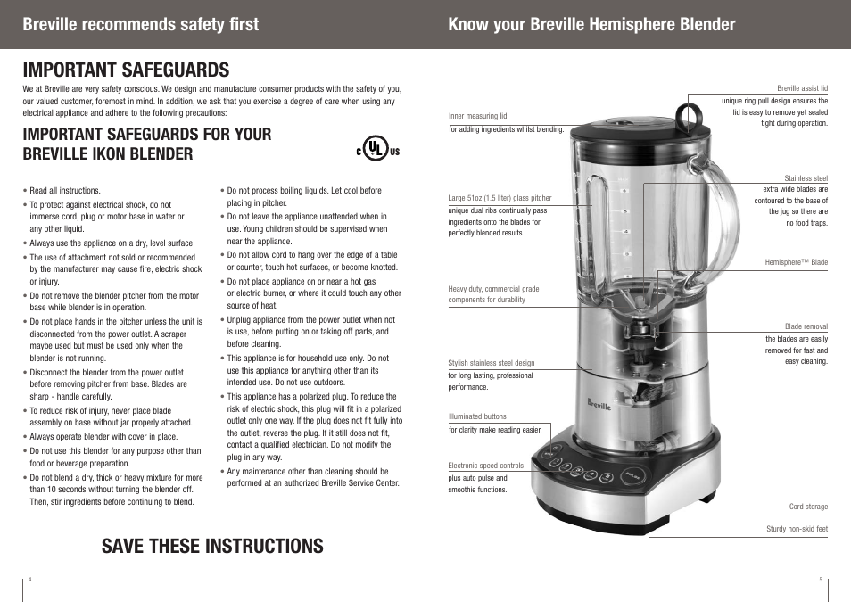 Important safeguards, Save these instructions, Know your breville hemisphere blender | Breville recommends safety first | Breville IKON HEMISPHERE BBL550XL /B User Manual | Page 3 / 34