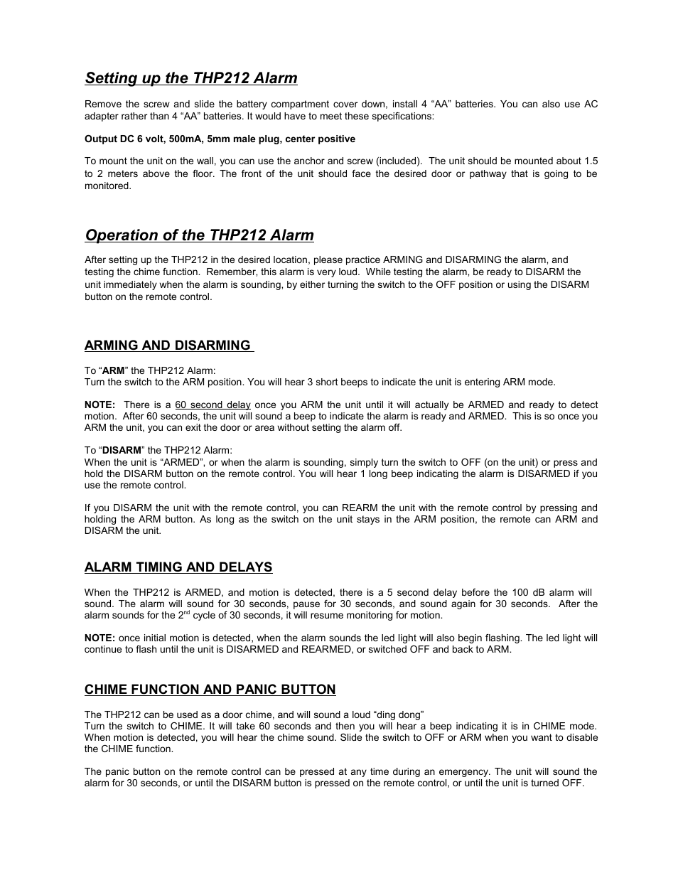 Operation of the thp212 alarm, Setting up the thp212 alarm | Reliance Controls THP212 User Manual | Page 2 / 3
