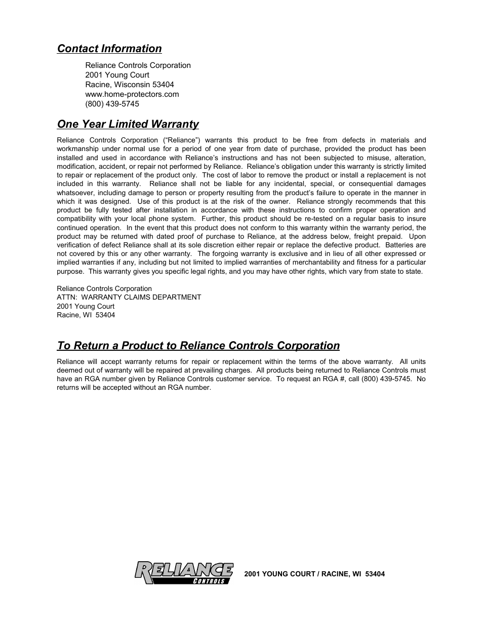 Contact information, One year limited warranty | Reliance Controls THP212 User Manual | Page 3 / 3