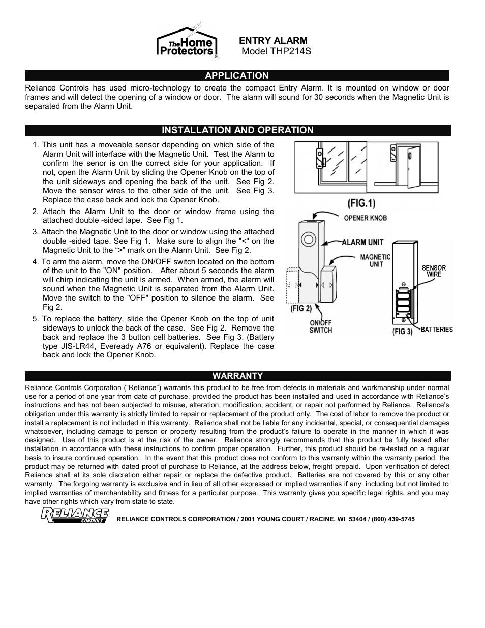 Reliance Controls THP214S User Manual | 1 page