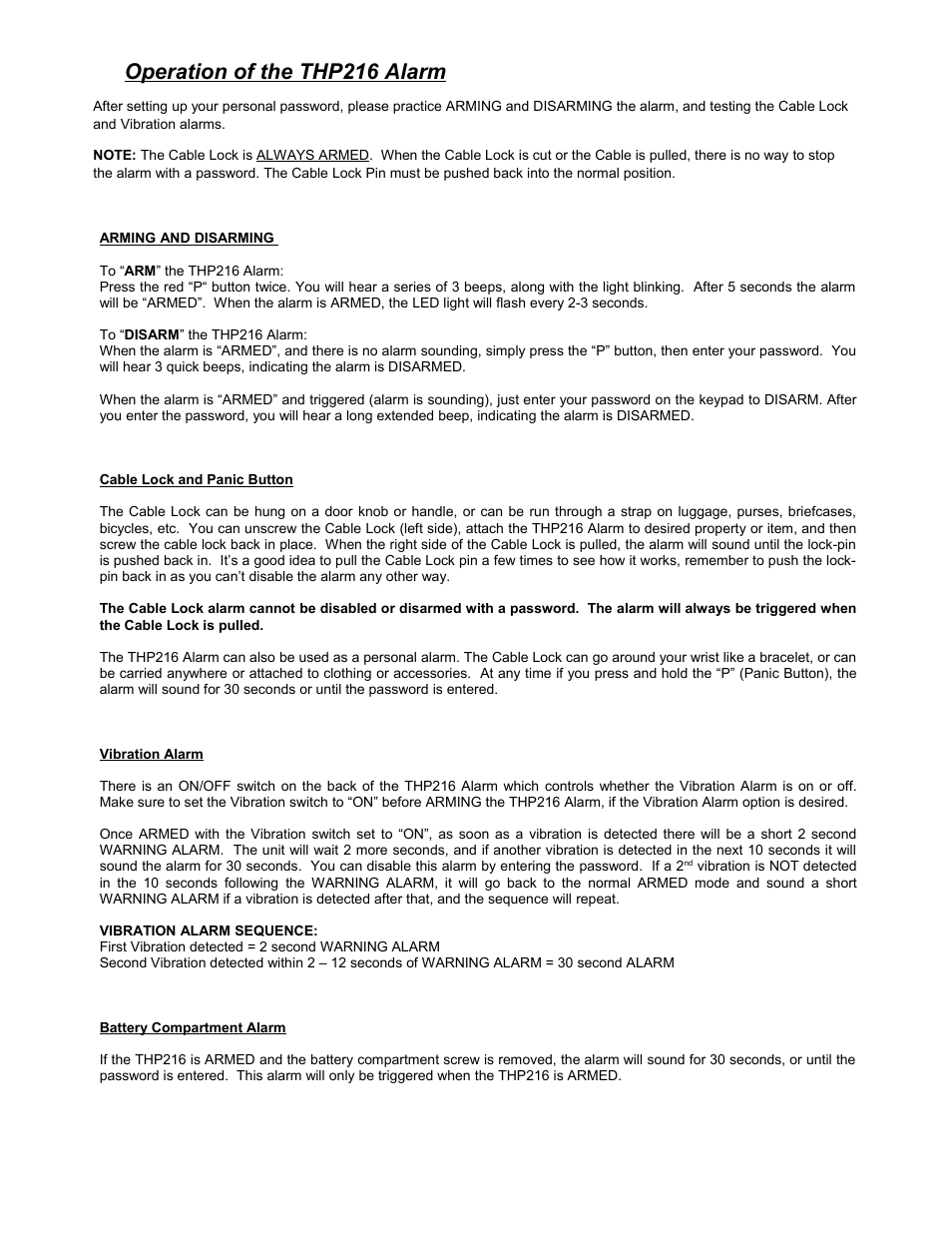 Operation of the thp216 alarm | Reliance Controls THP216 User Manual | Page 3 / 4