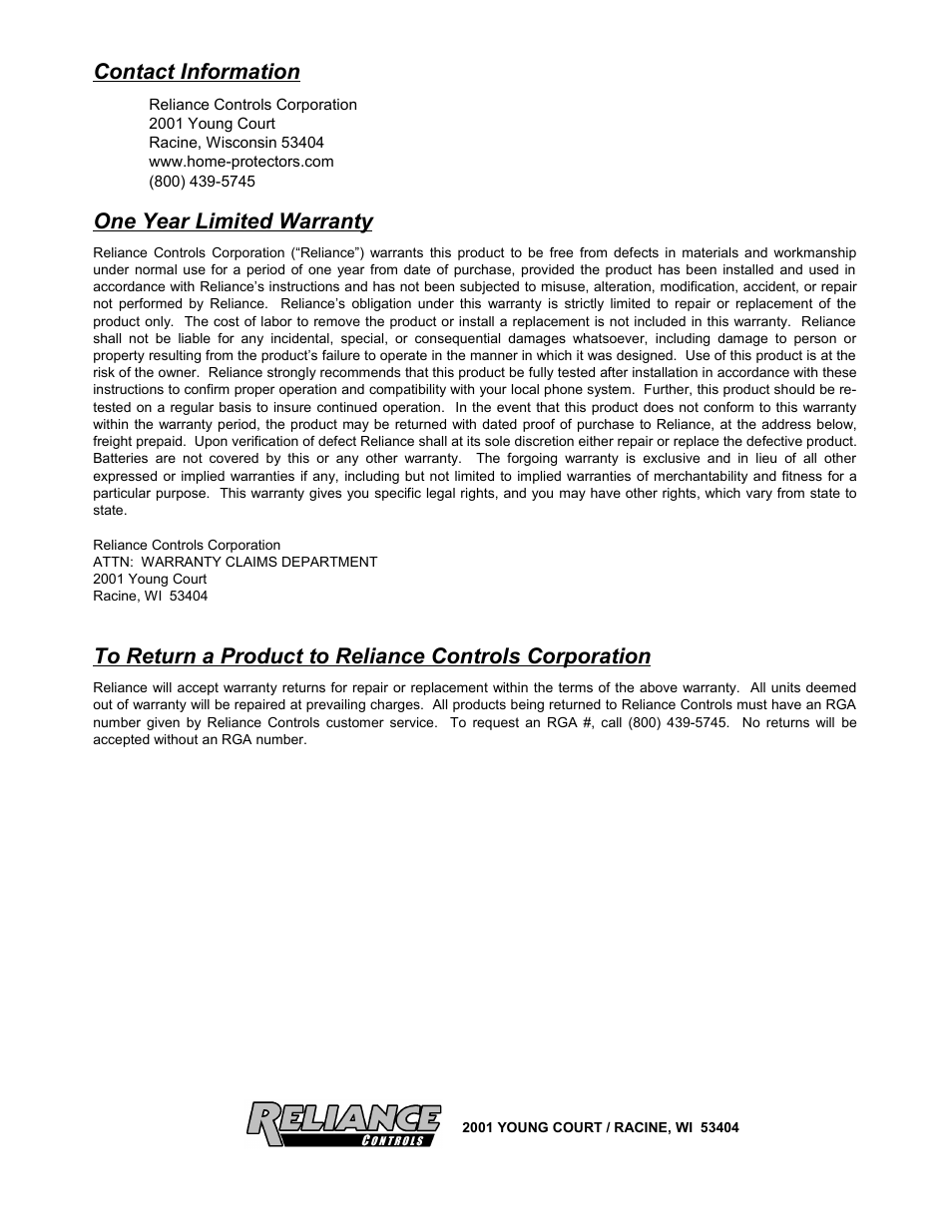 Contact information, One year limited warranty | Reliance Controls THP216 User Manual | Page 4 / 4