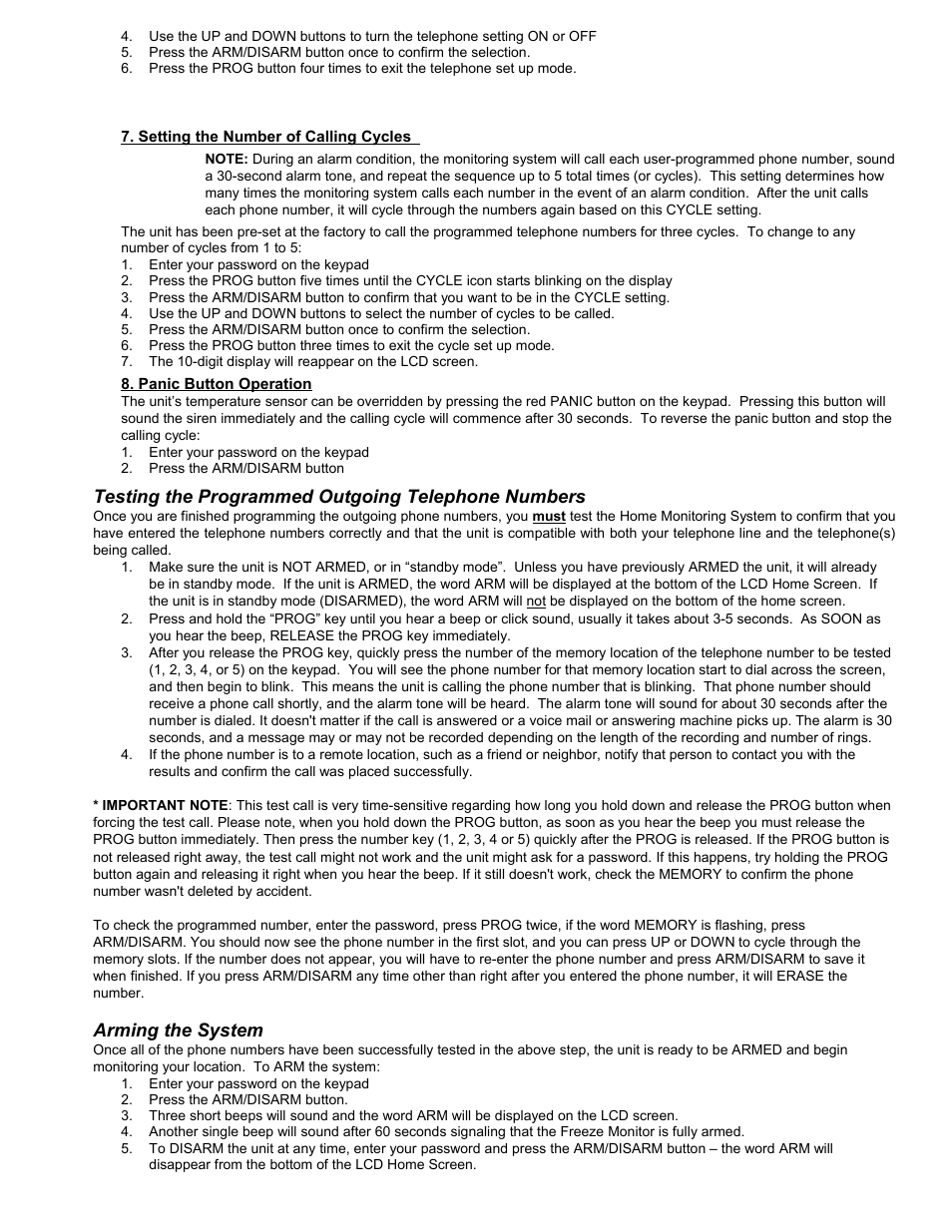 Testing the programmed outgoing telephone numbers, Arming the system | Reliance Controls THP217 User Manual | Page 4 / 6