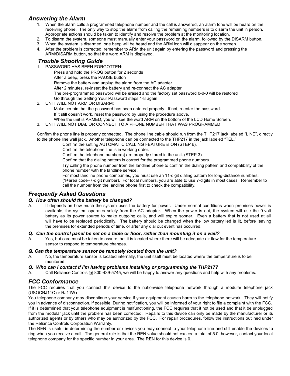 Trouble shooting guide, Answering the alarm, Frequently asked questions | Fcc conformance | Reliance Controls THP217 User Manual | Page 5 / 6