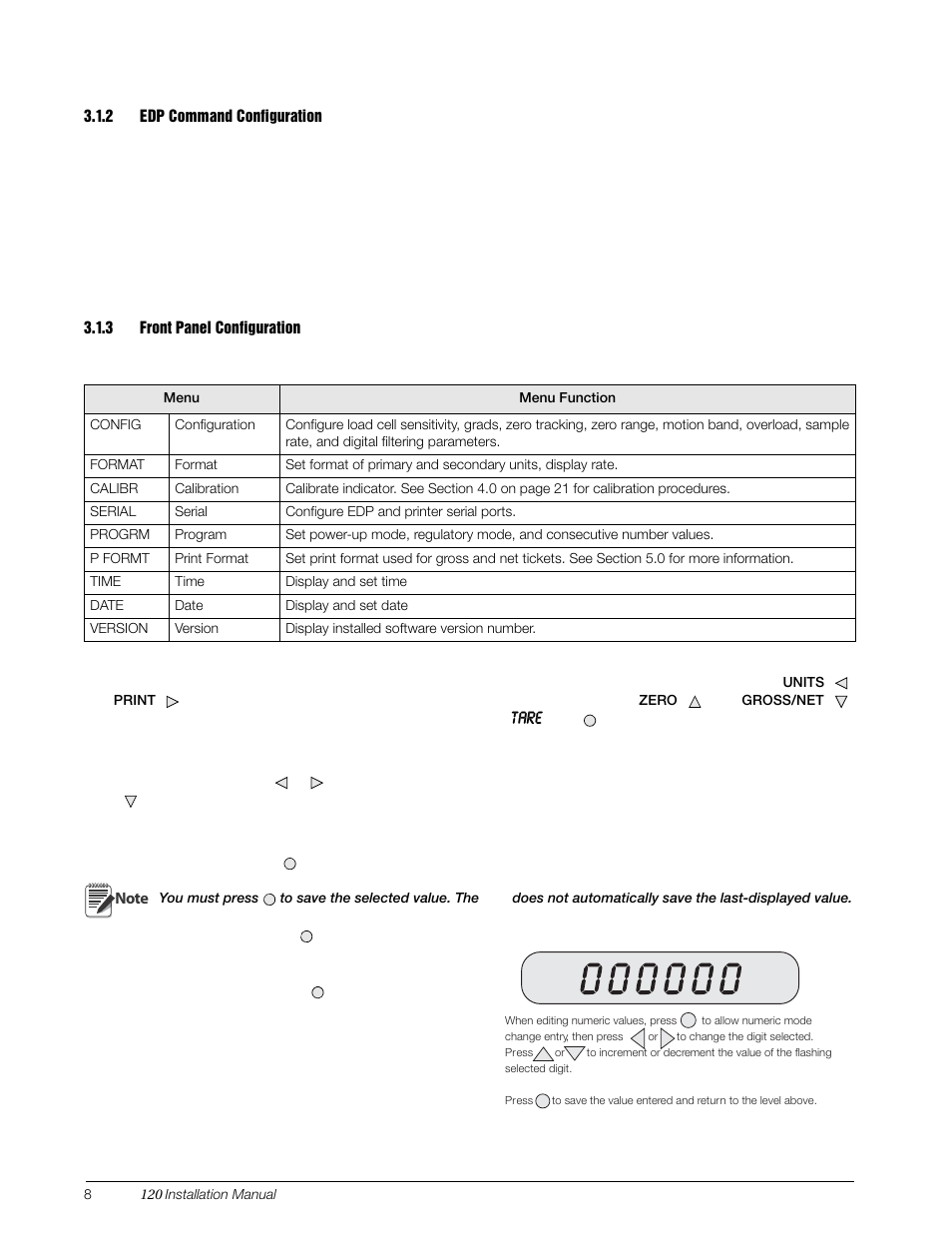 2 edp command configuration, 3 front panel configuration, Edp command configuration | Front panel configuration, Section 3.1.3 | Rice Lake 120 Digital Weight Indicator User Manual | Page 12 / 44