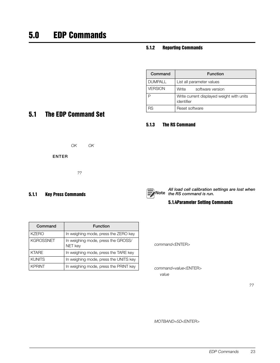 0 edp commands, 1 the edp command set, 1 key press commands | 2 reporting commands, 3 the rs command, 4 parameter setting commands, Edp commands, Key press commands, Reporting commands, The rs command | Rice Lake 120 Digital Weight Indicator User Manual | Page 27 / 44