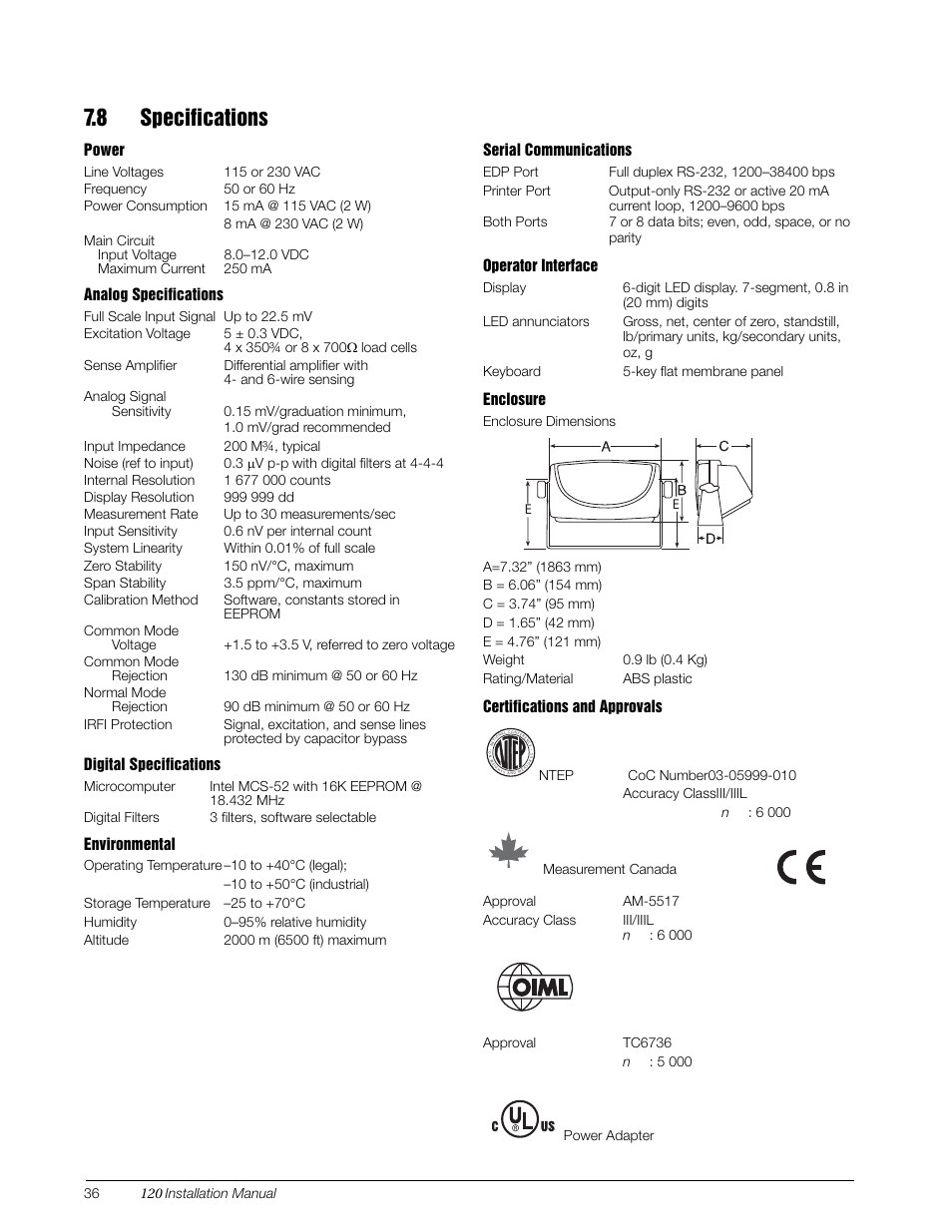 8 specifications | Rice Lake 120 Digital Weight Indicator User Manual | Page 40 / 44