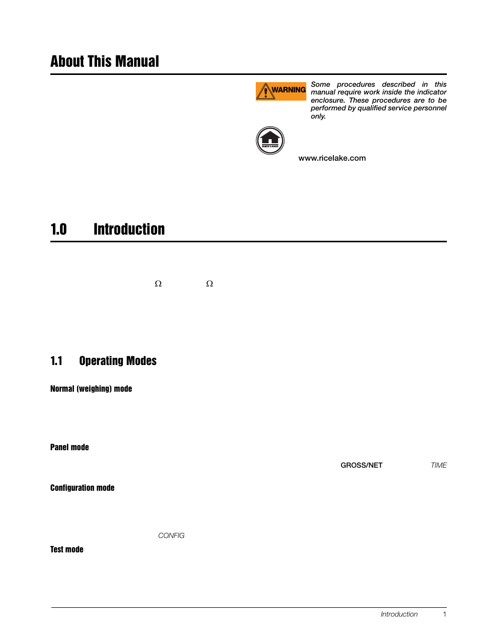 About this manual, 0 introduction, 1 operating modes | About this manual 1.0, Introduction | Rice Lake 120 Digital Weight Indicator User Manual | Page 5 / 44