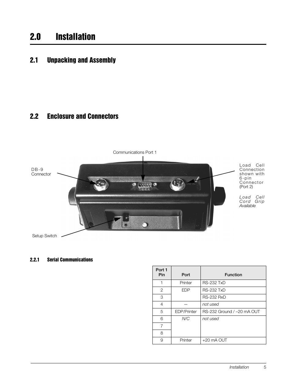 0 installation, 1 unpacking and assembly, 2 enclosure and connectors | 1 serial communications, Installation, Serial communications | Rice Lake 120 Digital Weight Indicator User Manual | Page 9 / 44