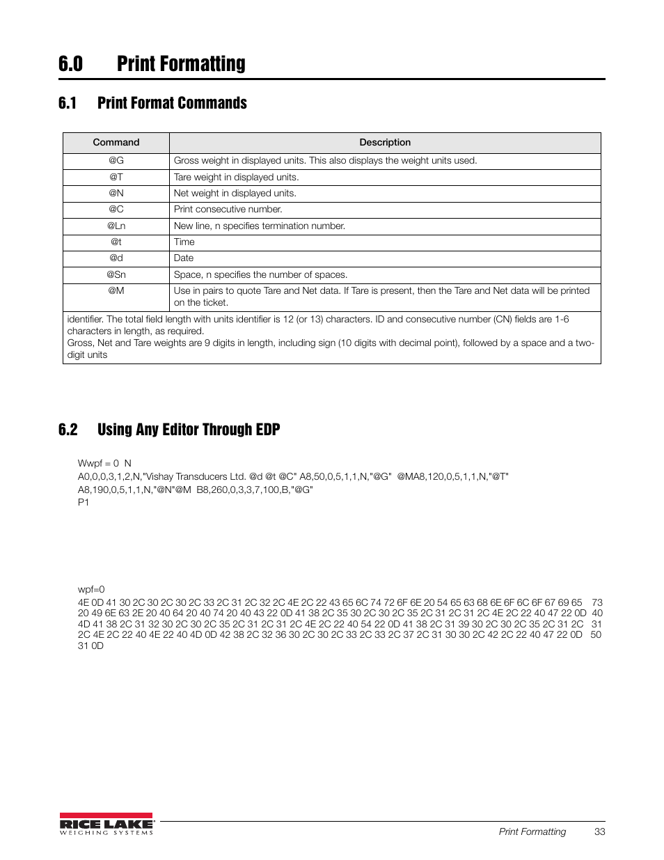 0 print formatting, 1 print format commands, Table 6-1. print format commands | 2 using any editor through edp | Rice Lake 120 Plus Digital Weight Indicator User Manual | Page 37 / 56