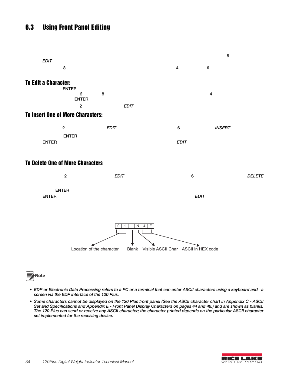 3 using front panel editing, To edit a character, To insert one of more characters | To delete one of more characters, Move the cursor to the character to be deleted, Figure 6-1. print format | Rice Lake 120 Plus Digital Weight Indicator User Manual | Page 38 / 56