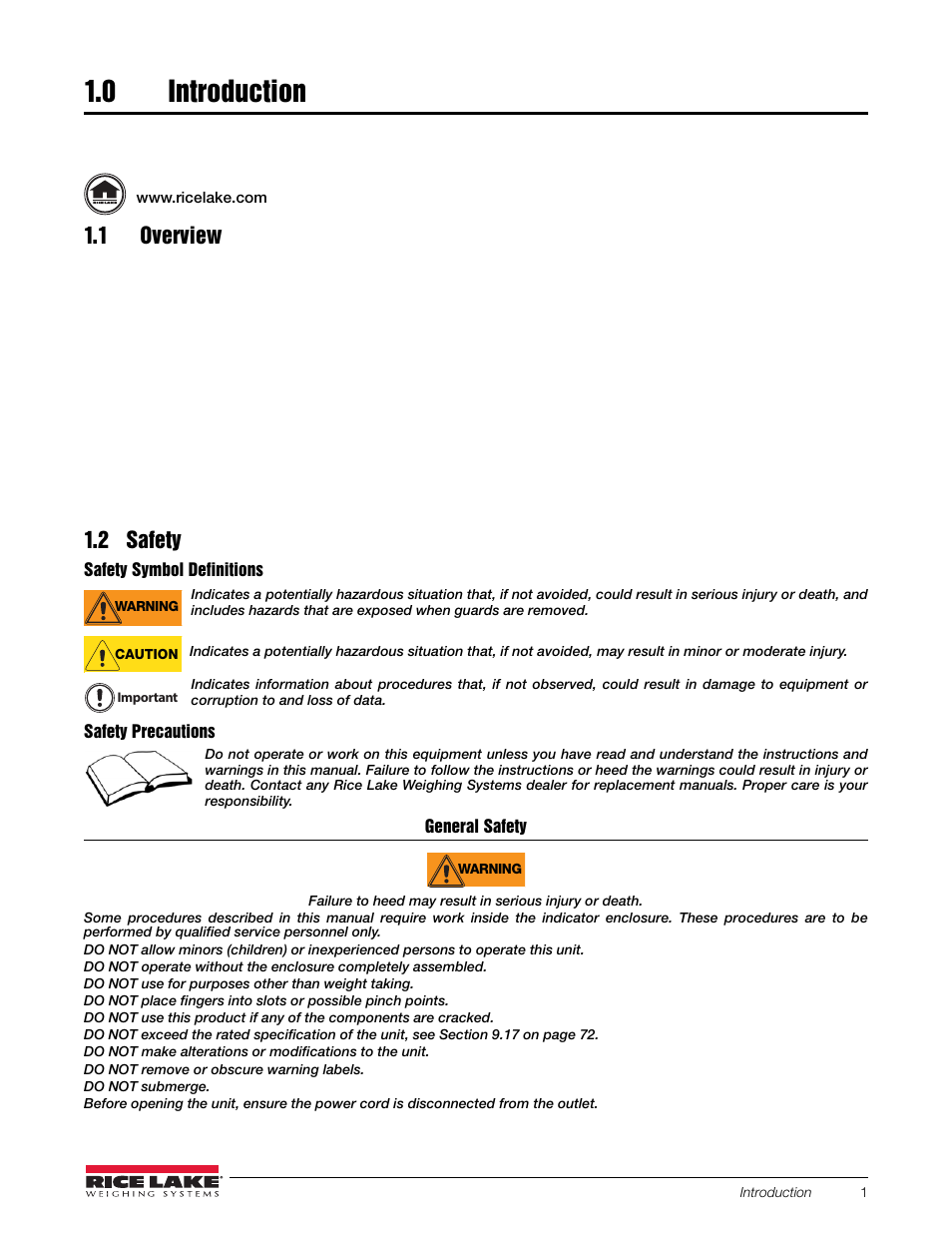 0 introduction, 1 overview, 2 safety | Safety symbol definitions, Safety precautions, General safety | Rice Lake 120 Plus Digital Weight Indicator User Manual | Page 5 / 56