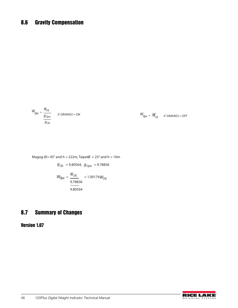 6 gravity compensation, 7 summary of changes, Version 1.07 | Rice Lake 120 Plus Digital Weight Indicator User Manual | Page 50 / 56