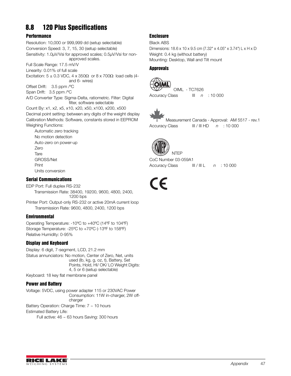 8 120 plus specifications, Performance, Serial communications | Environmental, Display and keyboard, Power and battery, Enclosure, Approvals | Rice Lake 120 Plus Digital Weight Indicator User Manual | Page 51 / 56