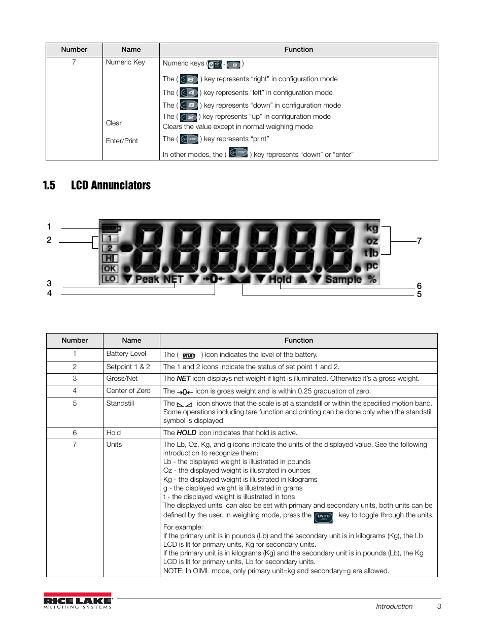 5 lcd annunciators, Figure 1-2. 120 plus lcd annunciators, Table 1-3. lcd annunicators | Section 1.5 | Rice Lake 120 Plus Digital Weight Indicator User Manual | Page 7 / 56