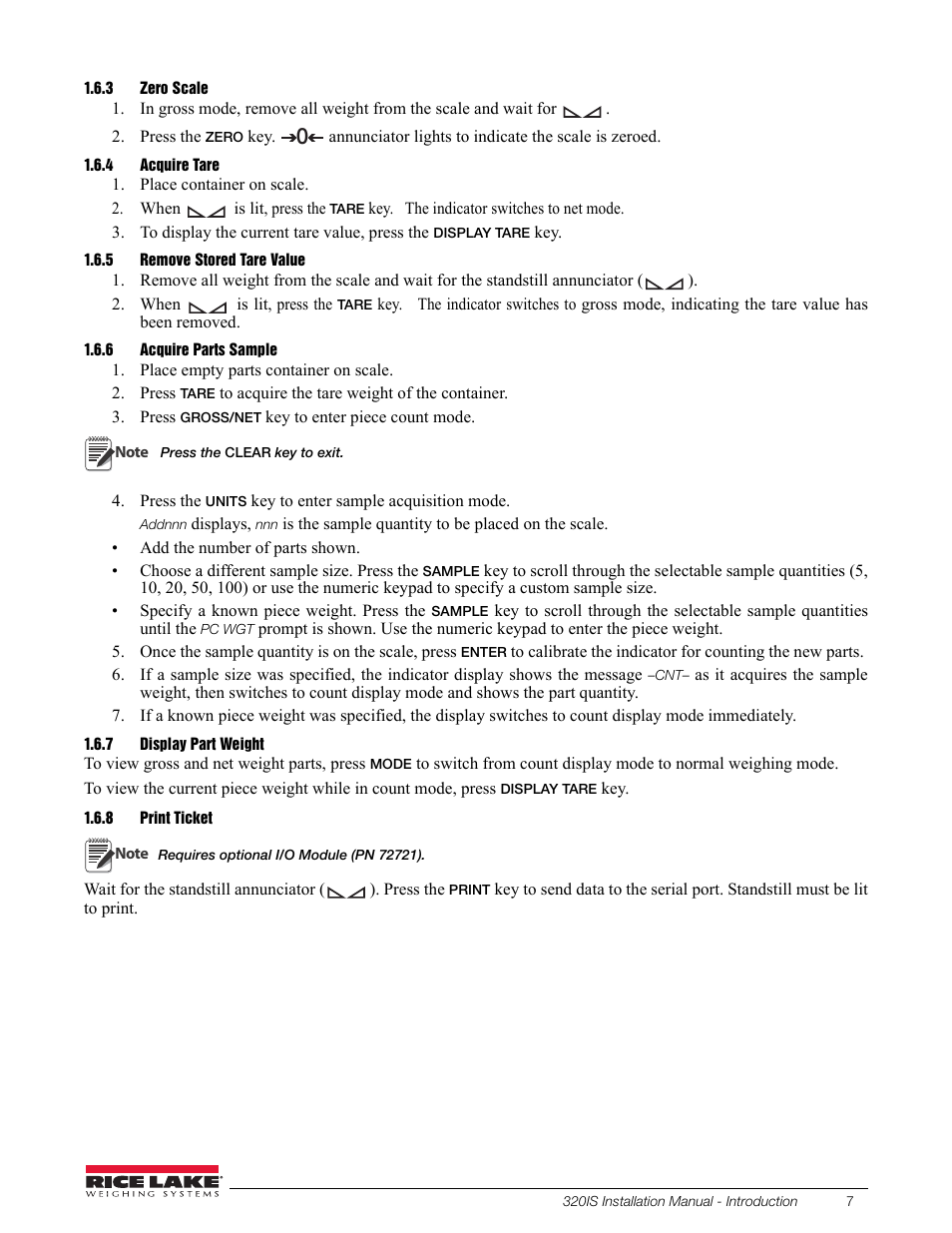 3 zero scale, 4 acquire tare, 5 remove stored tare value | 6 acquire parts sample, 7 display part weight, 8 print ticket, Zero scale, Acquire tare, Remove stored tare value, Acquire parts sample | Rice Lake Intrinsically Safe User Manual | Page 13 / 76