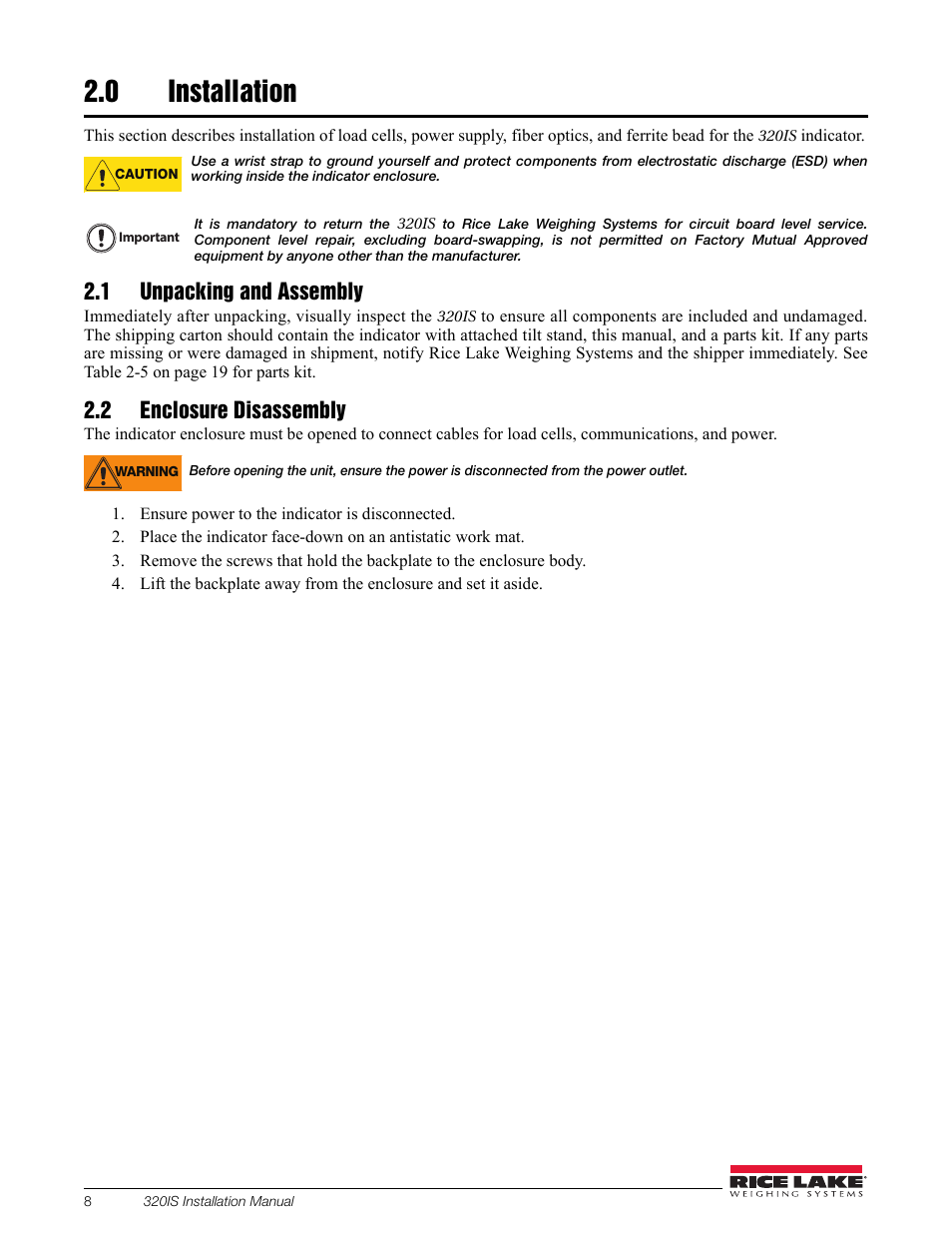 0 installation, 1 unpacking and assembly, 2 enclosure disassembly | Installation, 1 unpacking and assembly 2.2 enclosure disassembly | Rice Lake Intrinsically Safe User Manual | Page 14 / 76