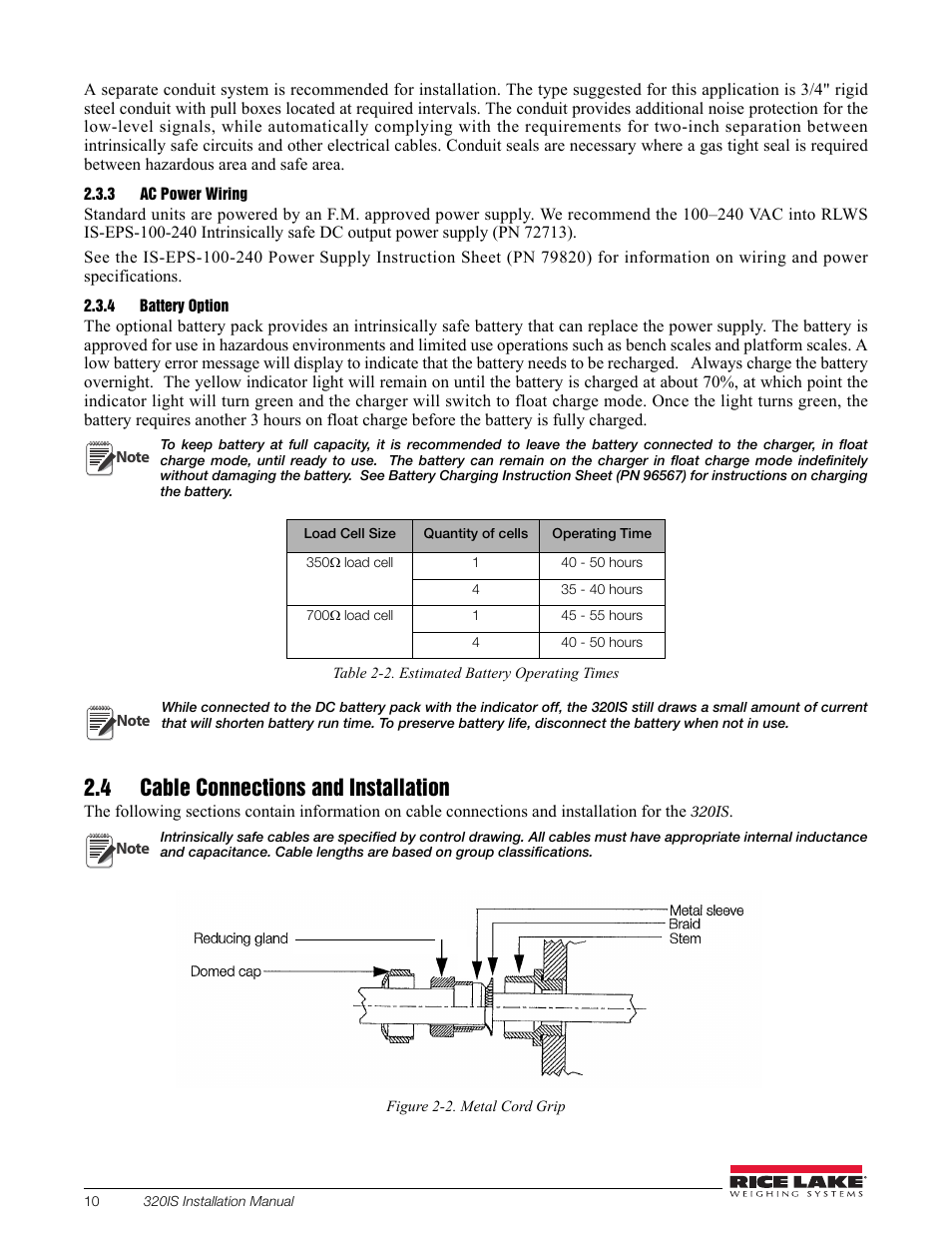 3 ac power wiring, 4 battery option, 4 cable connections and installation | Ac power wiring, Battery option | Rice Lake Intrinsically Safe User Manual | Page 16 / 76