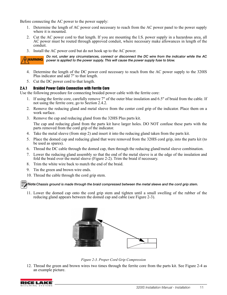 1 braided power cable connection with ferrite core, Braided power cable connection with ferrite core | Rice Lake Intrinsically Safe User Manual | Page 17 / 76