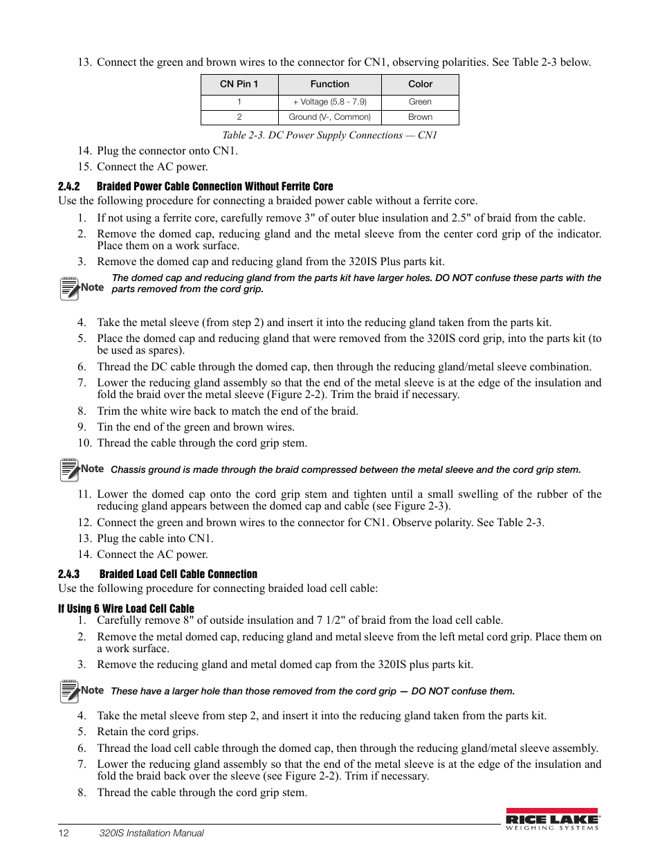 3 braided load cell cable connection, Braided load cell cable connection | Rice Lake Intrinsically Safe User Manual | Page 18 / 76
