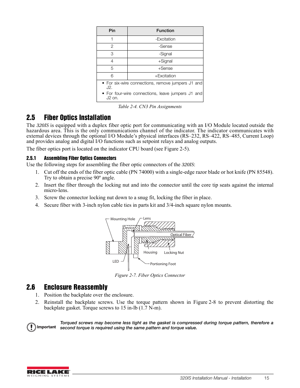 5 fiber optics installation, 1 assembling fiber optics connectors, 6 enclosure reassembly | Assembling fiber optics connectors | Rice Lake Intrinsically Safe User Manual | Page 21 / 76
