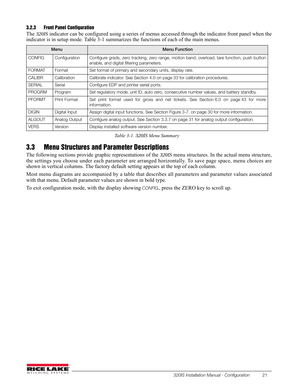3 front panel configuration, 3 menu structures and parameter descriptions, Front panel configuration | Rice Lake Intrinsically Safe User Manual | Page 27 / 76
