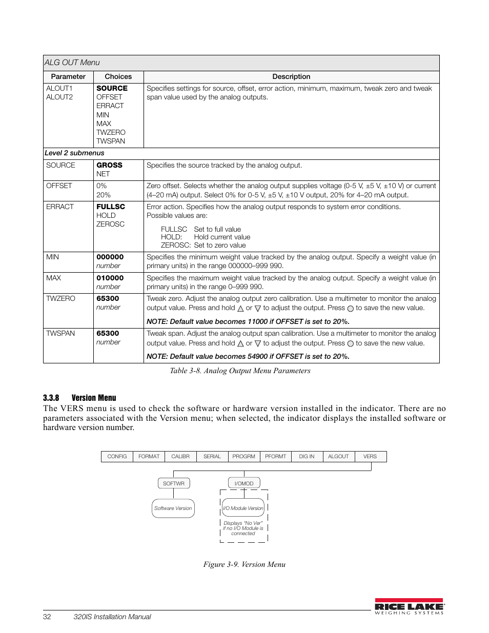 8 version menu, Version menu | Rice Lake Intrinsically Safe User Manual | Page 38 / 76