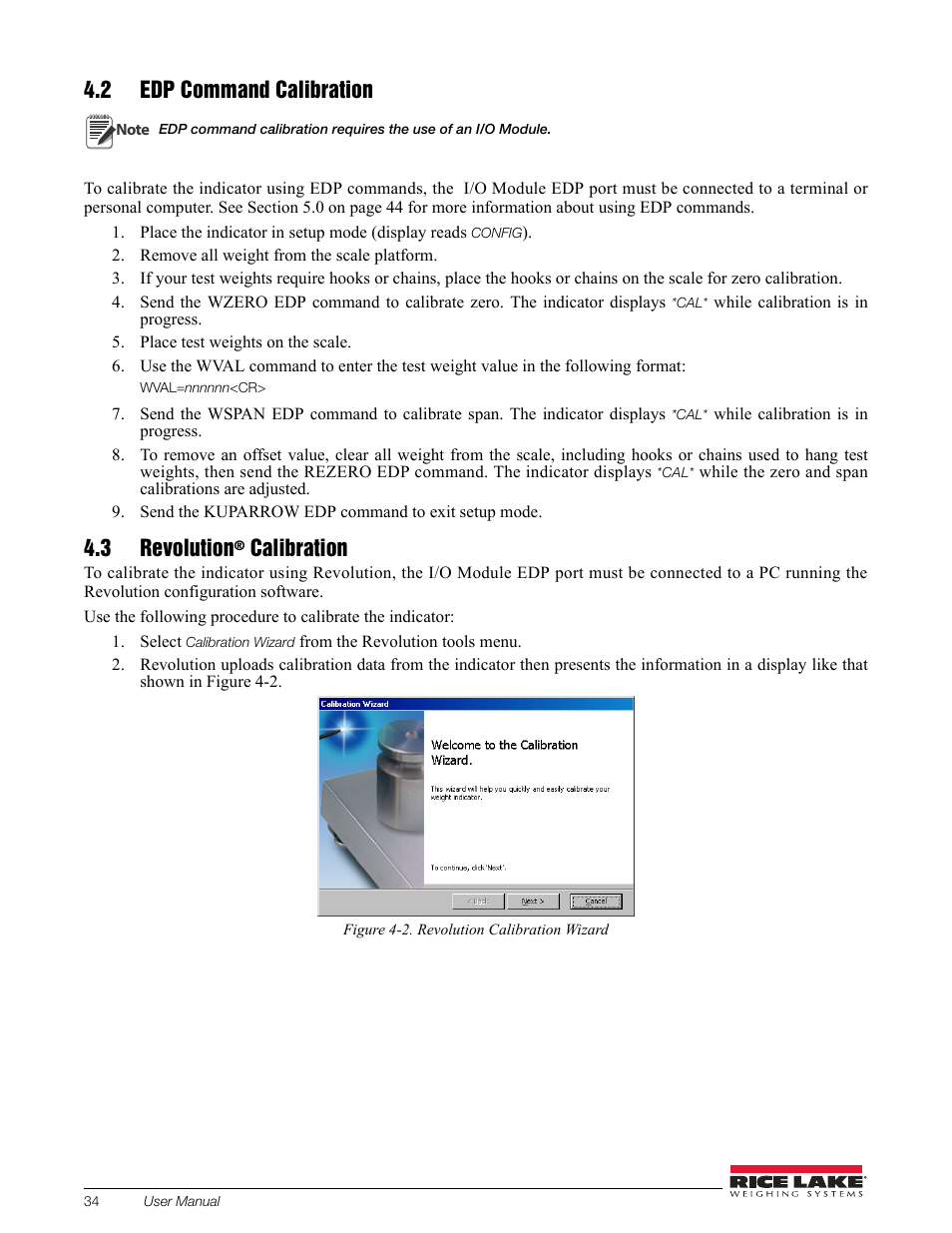 2 edp command calibration, 3 revolution® calibration, 2 edp command calibration 4.3 revolution | 3 revolution, Calibration | Rice Lake Intrinsically Safe User Manual | Page 40 / 76