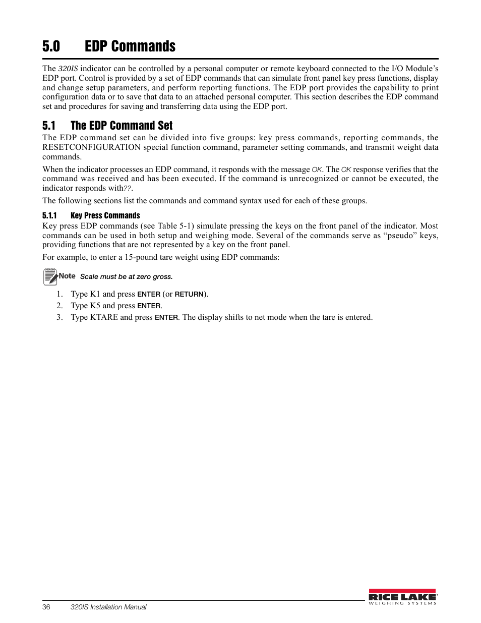 0 edp commands, 1 the edp command set, 1 key press commands | Edp commands, Key press commands | Rice Lake Intrinsically Safe User Manual | Page 42 / 76