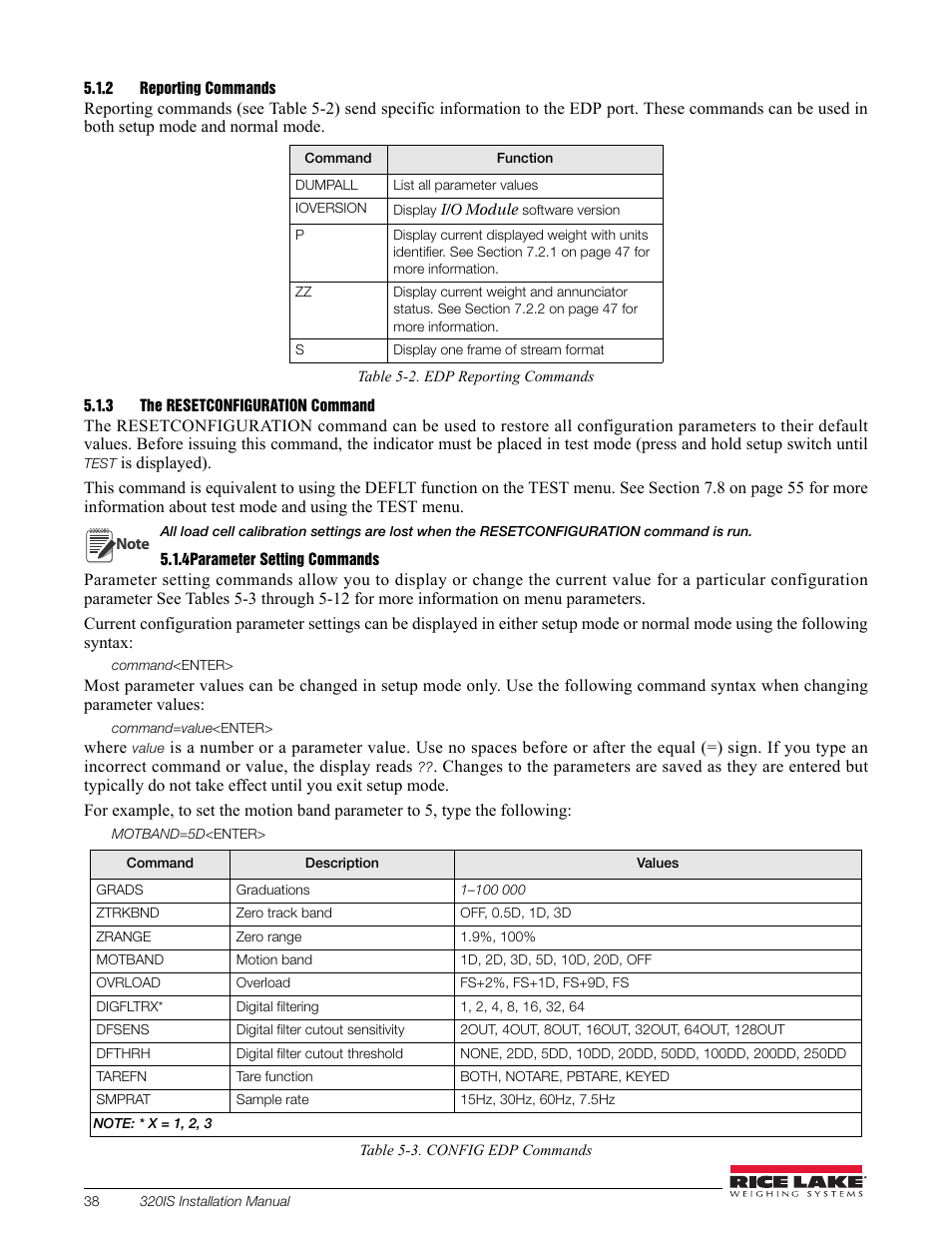2 reporting commands, 3 the resetconfiguration command, 4 parameter setting commands | Reporting commands, The resetconfiguration command, Parameter setting commands | Rice Lake Intrinsically Safe User Manual | Page 44 / 76