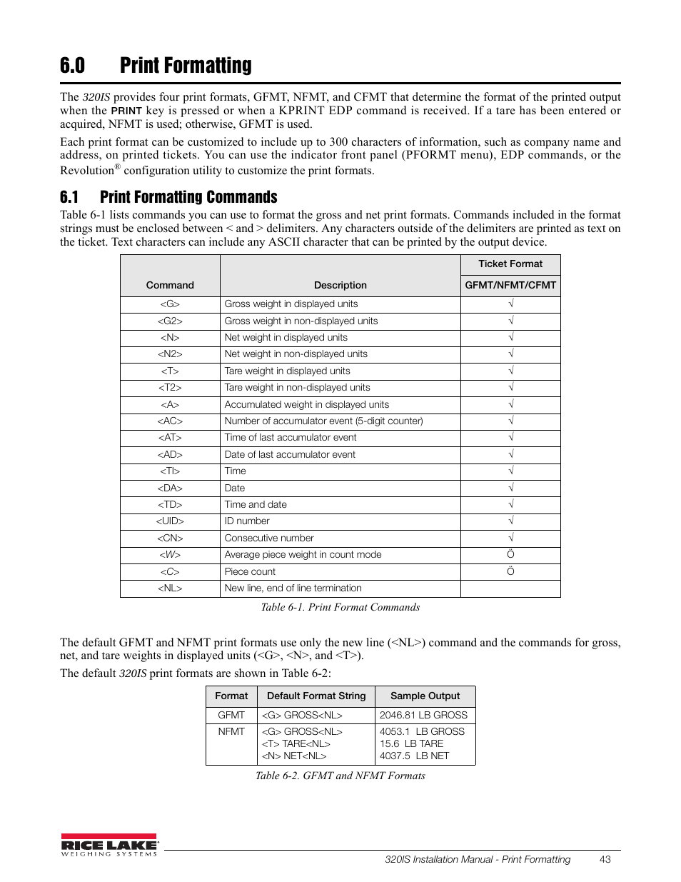 0 print formatting, 1 print formatting commands, Print formatting | Rice Lake Intrinsically Safe User Manual | Page 49 / 76