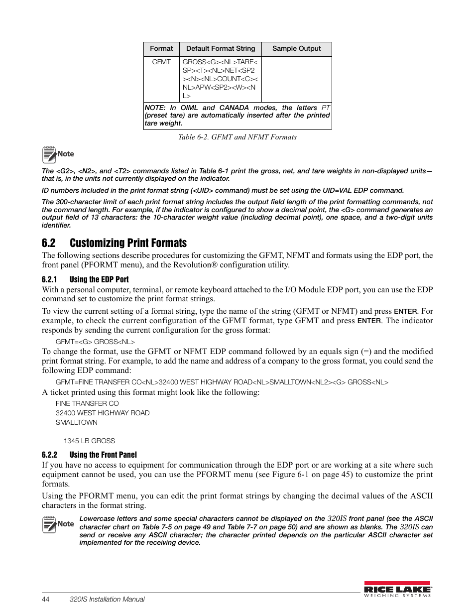 2 customizing print formats, 1 using the edp port, 2 using the front panel | Using the edp port, Using the front panel | Rice Lake Intrinsically Safe User Manual | Page 50 / 76