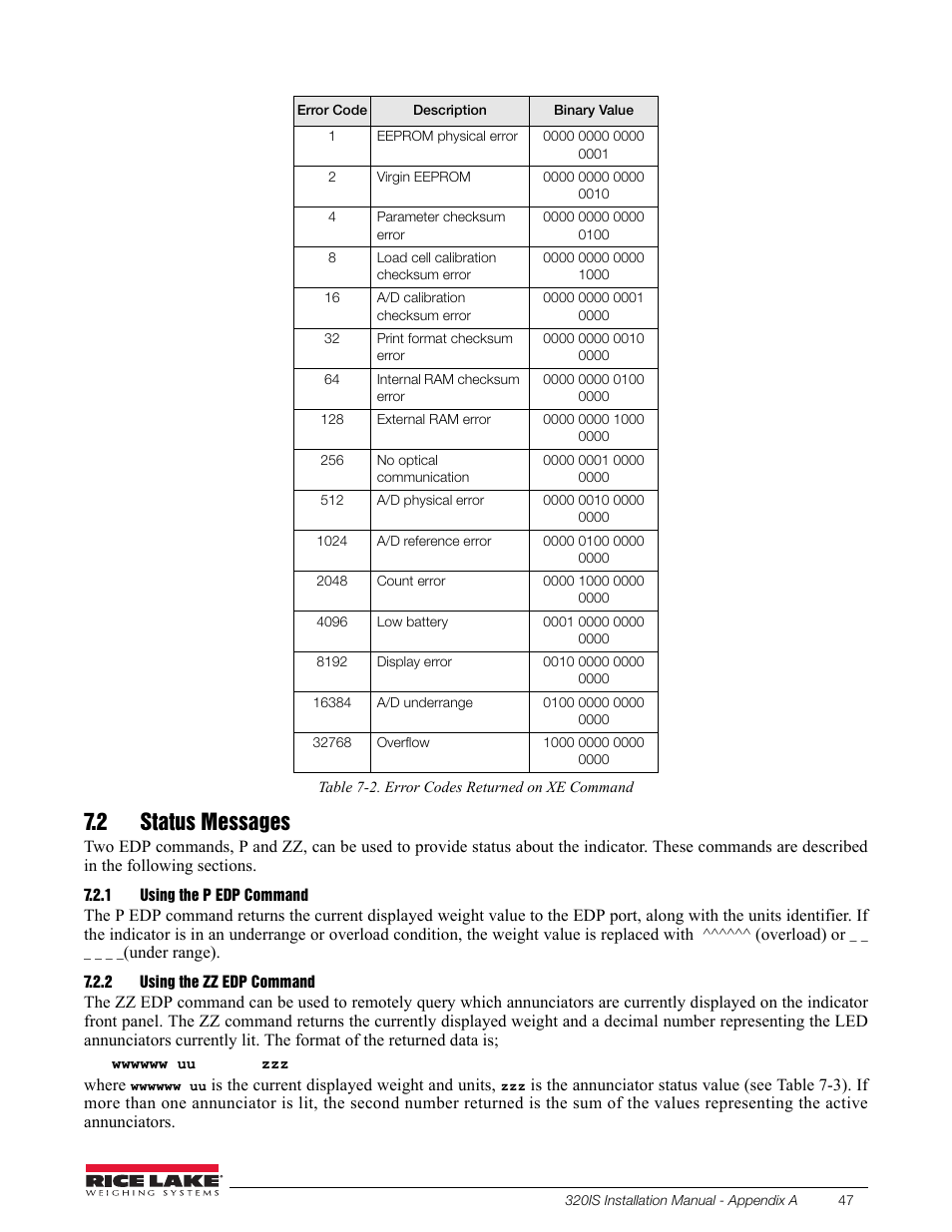 2 status messages, 1 using the p edp command, 2 using the zz edp command | Using the p edp command, Using the zz edp command, Bed in table 7-2, Table 7-2 | Rice Lake Intrinsically Safe User Manual | Page 53 / 76