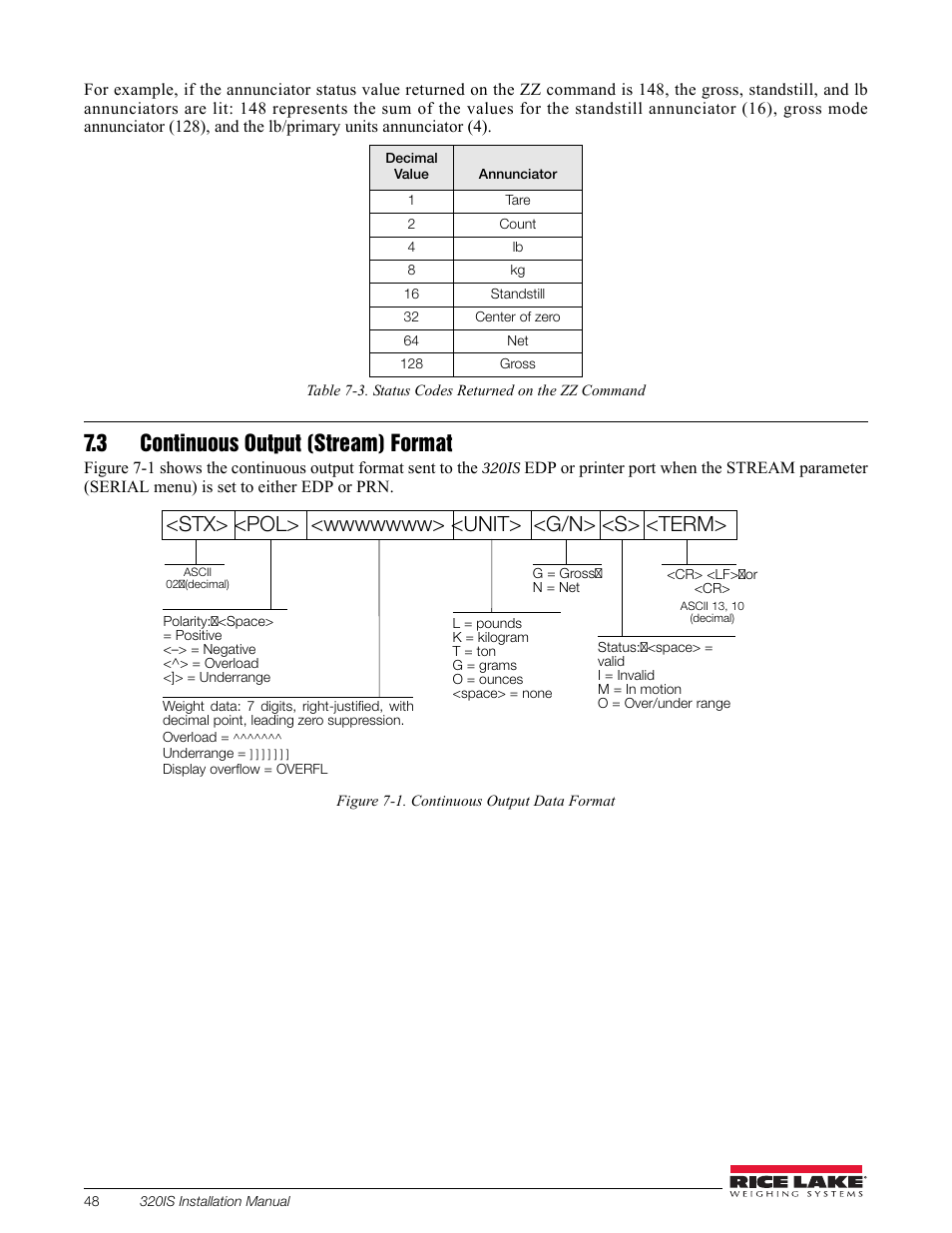 3 continuous output (stream) format | Rice Lake Intrinsically Safe User Manual | Page 54 / 76