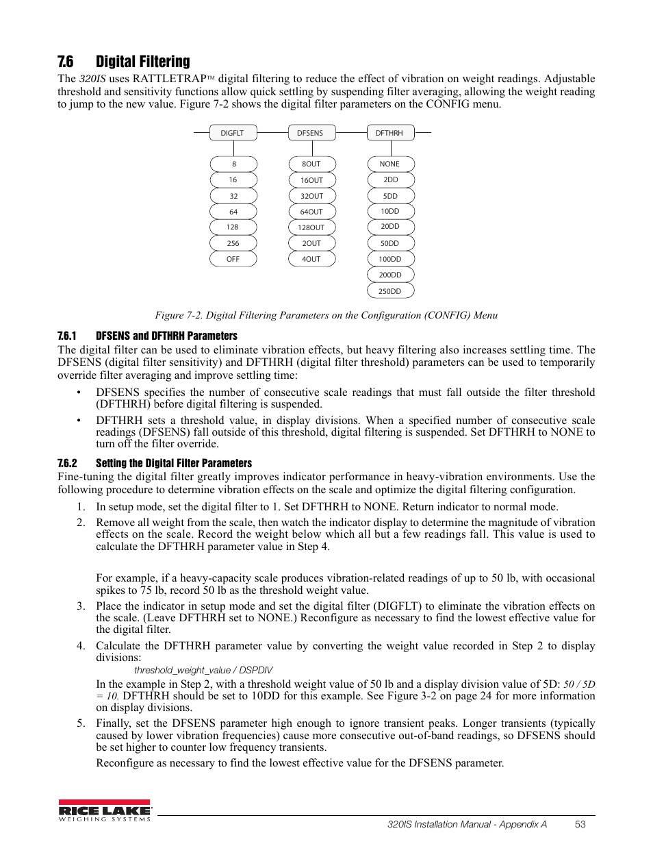 6 digital filtering, 1 dfsens and dfthrh parameters, 2 setting the digital filter parameters | Dfsens and dfthrh parameters, Setting the digital filter parameters | Rice Lake Intrinsically Safe User Manual | Page 59 / 76