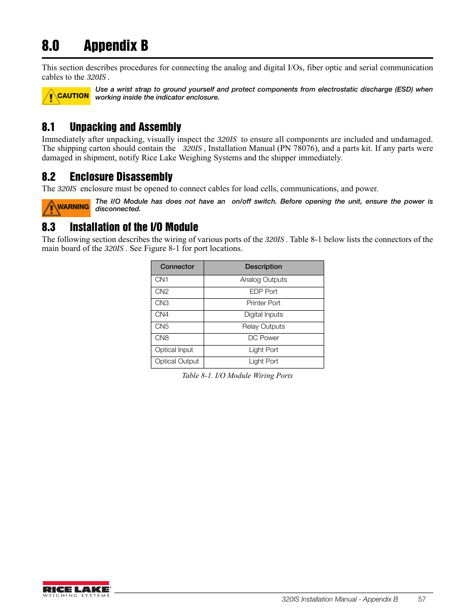 0 appendix b, 1 unpacking and assembly, 2 enclosure disassembly | 3 installation of the i/o module, Appendix b | Rice Lake Intrinsically Safe User Manual | Page 63 / 76