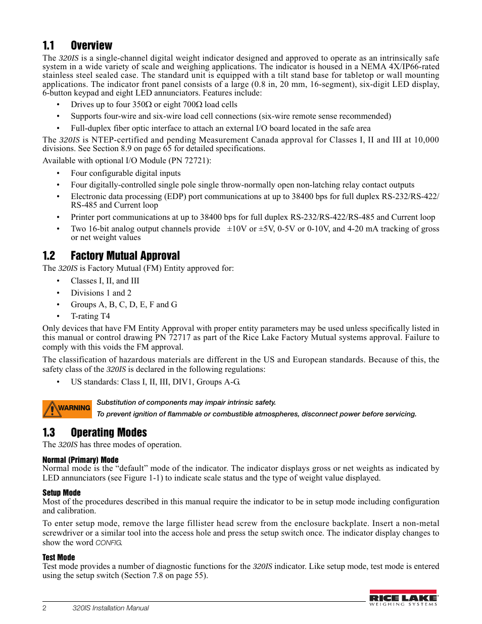 1 overview, 2 factory mutual approval, 3 operating modes | Rice Lake Intrinsically Safe User Manual | Page 8 / 76