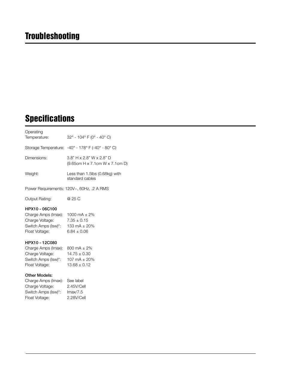 Troubleshooting, Specifications | Rice Lake 320IS Intrinsically-Safe Digital Weight Indicator - Battery Charging Instruction Sheet User Manual | Page 2 / 2