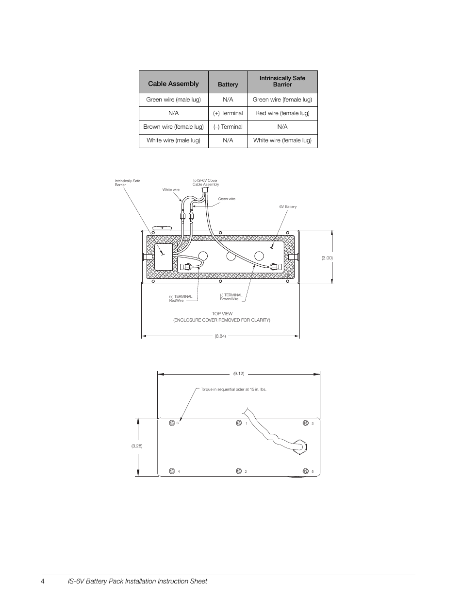 Figure 5. is-6v battery torque specifications, 4is-6v battery pack installation instruction sheet, Cable assembly | Rice Lake 320IS Intrinsically-Safe Digital Weight Indicator - IS-6V Battery Pack Instruction Sheet User Manual | Page 4 / 6
