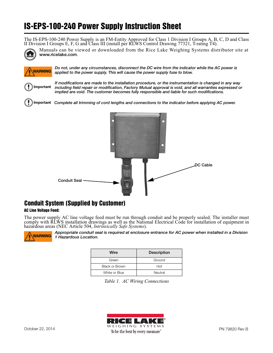 Rice Lake 320IS Plus Intrinsically Safe Digital Weight Indicator - IS-EPS-100-240 Power Supply Instructions User Manual | 6 pages