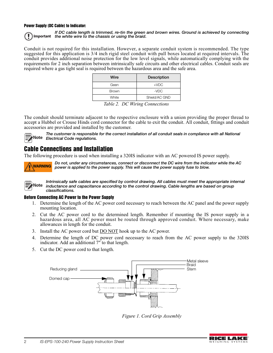 Cable connections and installation | Rice Lake 320IS Plus Intrinsically Safe Digital Weight Indicator - IS-EPS-100-240 Power Supply Instructions User Manual | Page 2 / 6