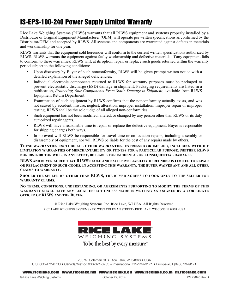 Is-eps-100-240 power supply limited warranty | Rice Lake 320IS Plus Intrinsically Safe Digital Weight Indicator - IS-EPS-100-240 Power Supply Instructions User Manual | Page 6 / 6