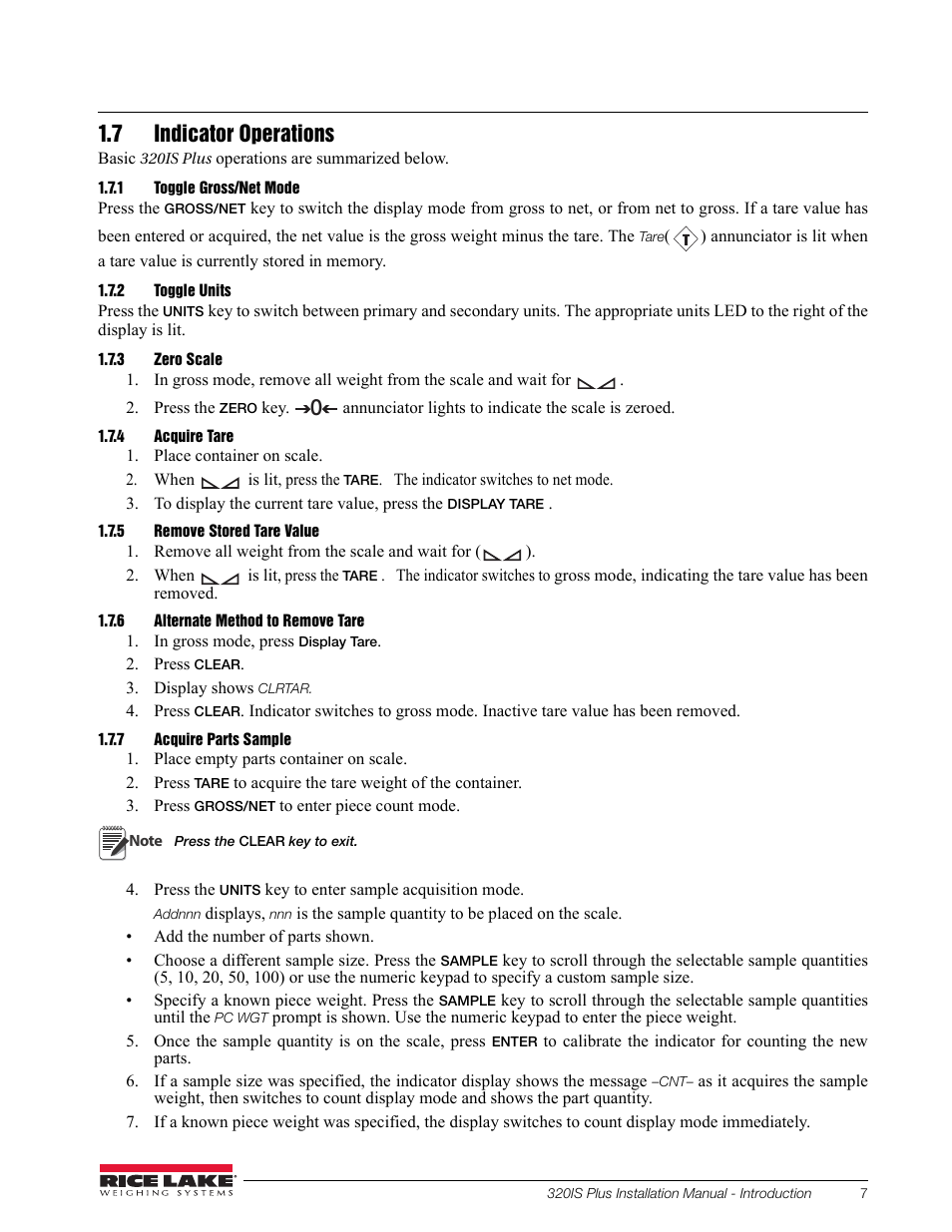 7 indicator operations, 1 toggle gross/net mode, 2 toggle units | 3 zero scale, 4 acquire tare, 5 remove stored tare value, 6 alternate method to remove tare, 7 acquire parts sample, Toggle gross/net mode, Toggle units | Rice Lake 320IS Plus Intrinsically Safe Digital Weight Indicator - Installation Manual User Manual | Page 13 / 90